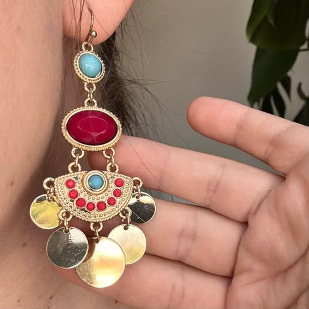 Boho Chandelier Earrings Gold-Tone Drop Red Turquoise Cabochons Dangling Discs